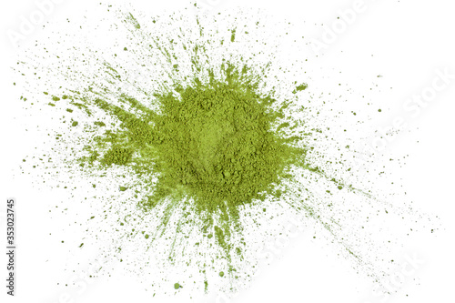 Heap of powdered matcha tea isolated on a white background. Top view.