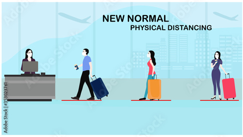 New normal in physical distancing, people keep distance from each other and wearing face mask prevention from disease outbreak vector illustration. New normal after COVID-19 pandemic concept 