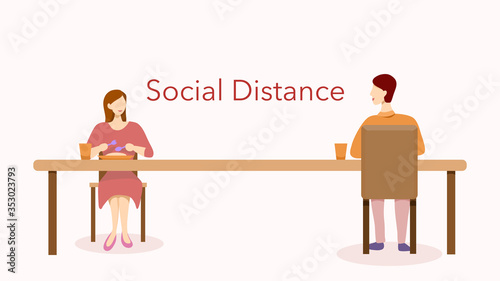 Social distance in restaurant or cafe concept. A woman and a man sitting separately having their meal in new normal after COVID-19 pandemic. Vector illustration, flat design