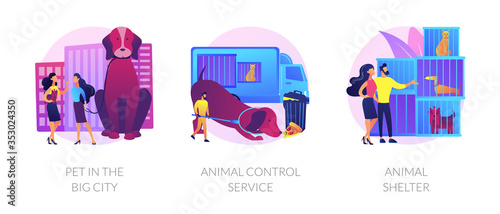 Municipal stray dogs control service. Homeless animals adoption center. Pet in the big city, animal control service, animal shelter metaphors. Vector isolated concept metaphor illustrations