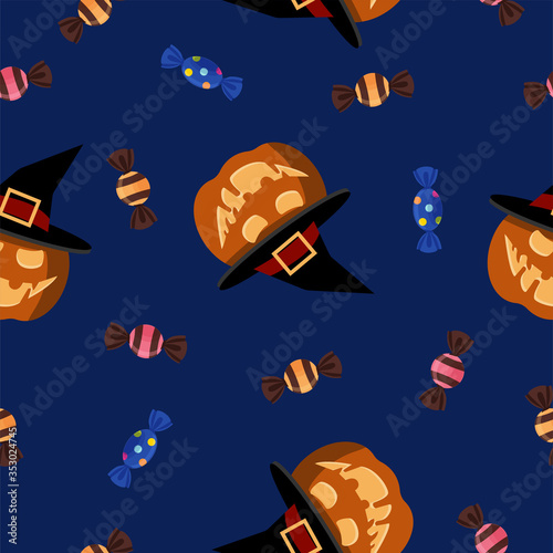 Fototapeta Naklejka Na Ścianę i Meble -  Halloween Seamless Pattern with Pumpkins