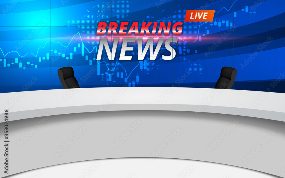 White Table And Chairs With Breaking News Live On Lcds Background In The News Studio Room Stock Vector Adobe Stock