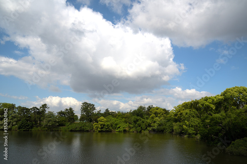 池の上空に、大きな夏雲が浮かんでいる風景 © FUJIOKA Yasunari