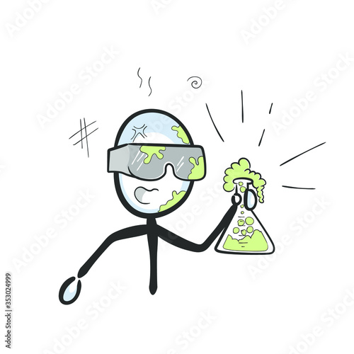 Laboratoty experiment went wrong. Chemist holding flask. Solution explosion. Hand drawn. Stickman cartoon. Doodle sketch, Vector graphic illustration