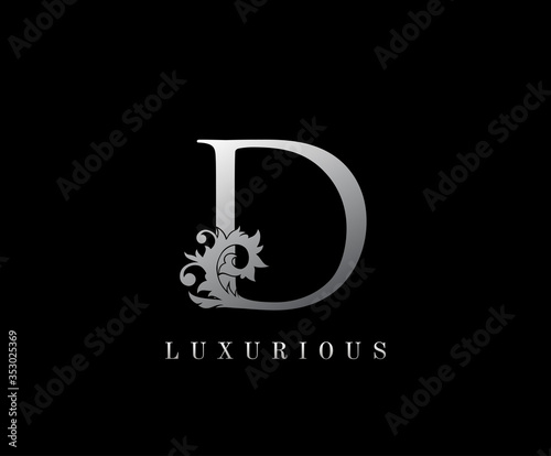 D Letter Floral logo. Vintage silver majestic letter stamp for book design, weeding card, label, business card, Restaurant, Boutique, Hotel.