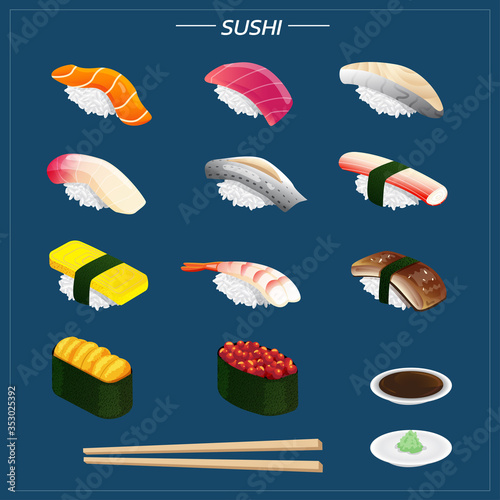 sushi set of different types chopsticks with wasabi soy isolated vector illustration. Isometric sushi on navy blue background for other categories.
