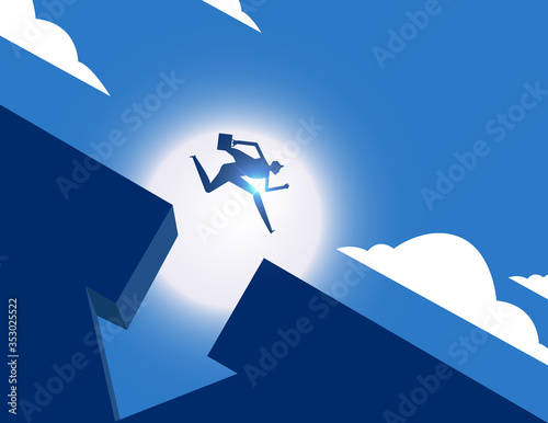 A business man running across a hole and an arrow that falls. The confrontation with the economic crisis