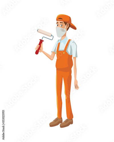 painter using medical mask with paint roller