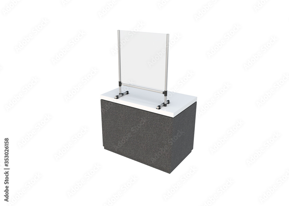 3D render of Sneeze or droplet guard as attachment on a counter or desktop free-standing on white background with clipping path 3D render of Sneeze or droplet guard as attachment on a counter or desktop free-standing on white background with clipping path