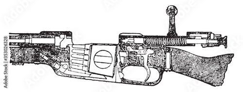 German rifle model 1888 mechanism cut, open breech, vintage illustration.