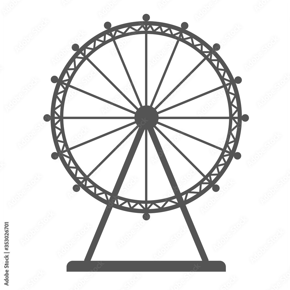 Liner icon of ferris wheel silhouette isolated on white background. Flat vector amusement park sideshow.