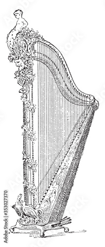Harp with hooks executed by Vorderman Pere, in 1780, for the queen Marie-Antoinette, vintage illustration.