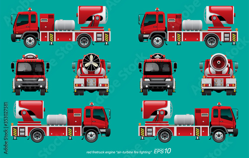 VECTOR EPS10 - red firetruck template, fire fighting turbine vehicle, isolated on green background.