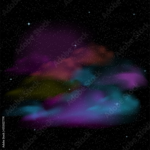 Fantastic space background with realistic bright stars and colorful gas clouds. Vector