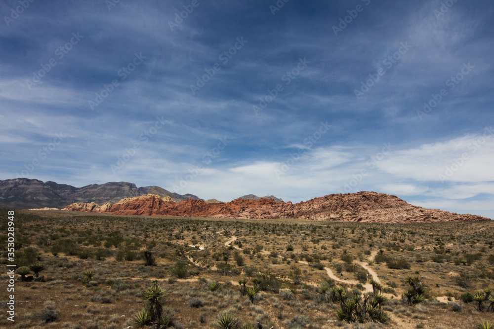 Red Rocks Canyon, desert shrubs and blue sky