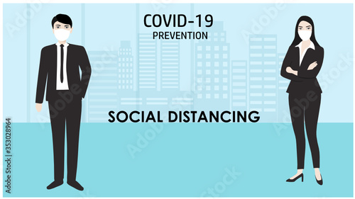 Social distancing concept business people keep distance 6 feet (2 meters) to prevent from COVID-19 coronavirus disease vector illustration. New normal physical distancing concept. 
