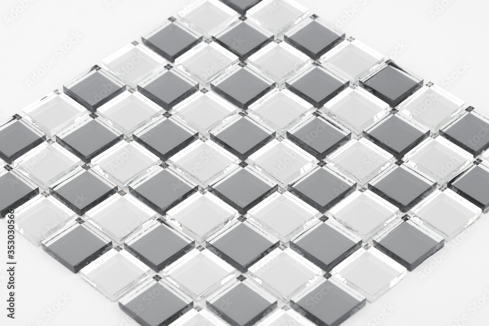 Glass and mirror mosaic without reflections isolated on a white background. For construction and repair in the bathroom, pool, kitchen.