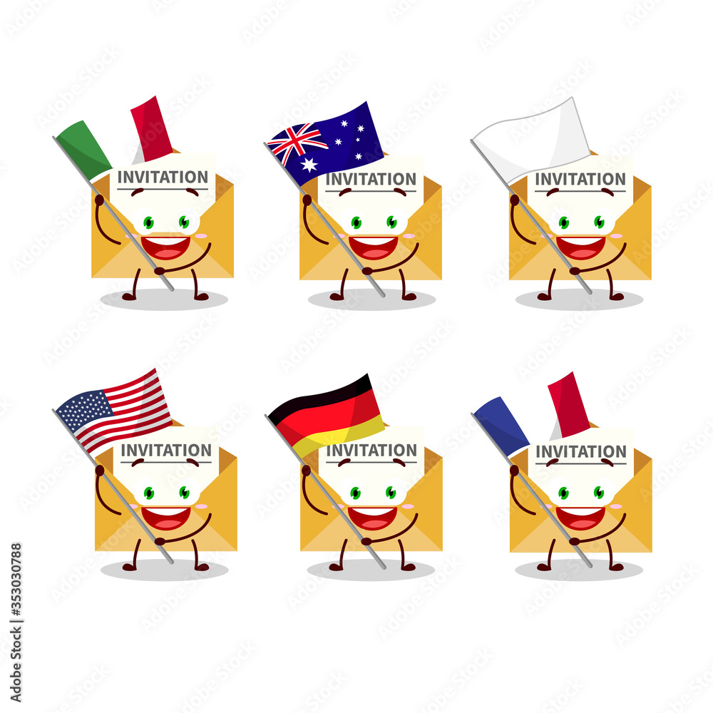 Invitation message cartoon character bring the flags of various countries Invitation message cartoon character bring the flags of various countries