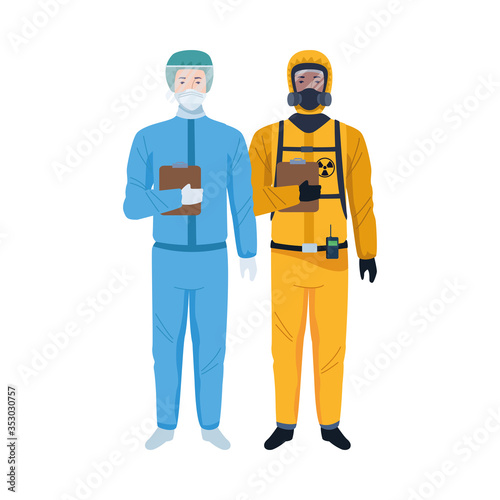 workers wearing biosafety suits characters