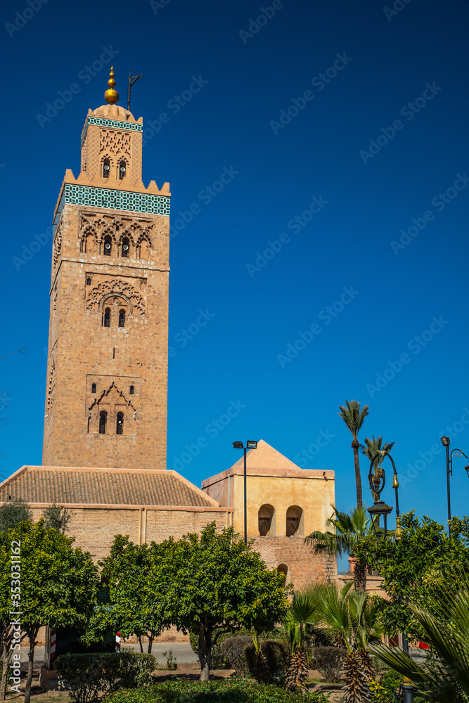 view of Koutoubia Mosque (Kutubiyya or Jami' al-Kutubiyah Mosque) the largest mosque located in the medina quarter of Marrakesh, Morocco