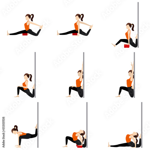 Stretching with a wall and blocks yoga asanas set/ Stylized woman practicing intense stretching with props