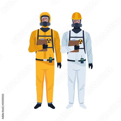 workers wearing biosafety suits characters