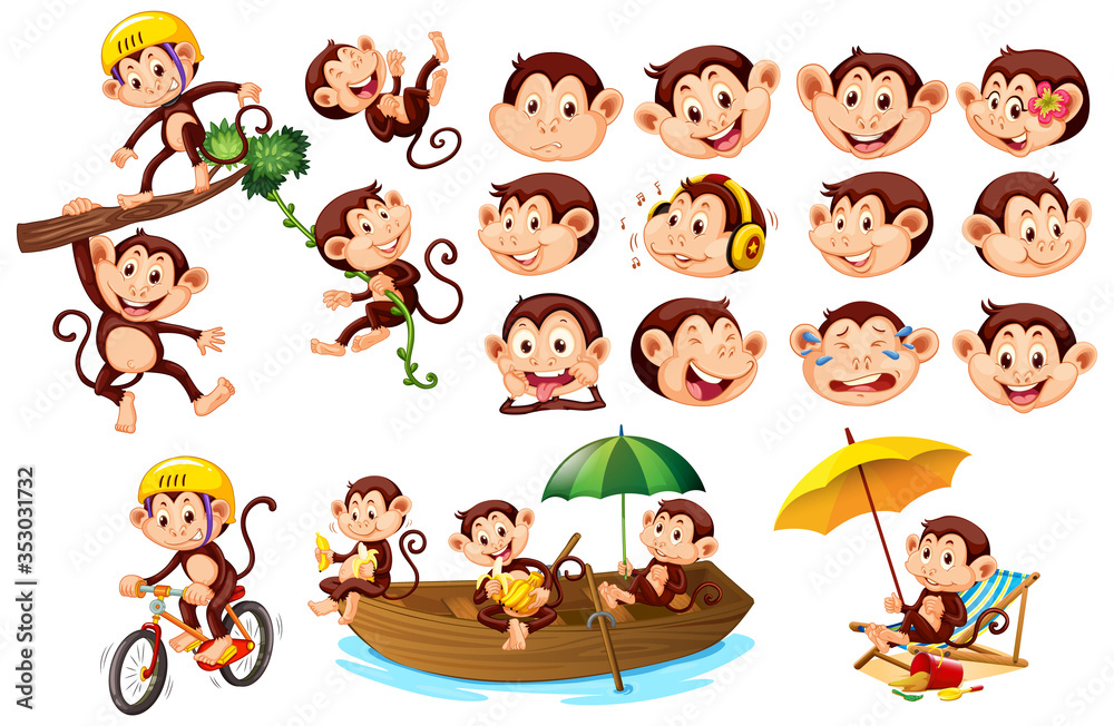 Set of cute monkeys with different facial expressions