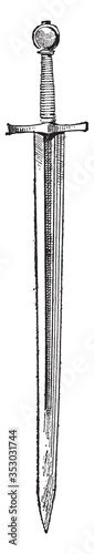 French sword (XII century), vintage illustration.