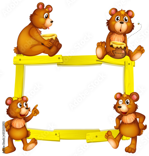 Blank sign template with cute bears on white background