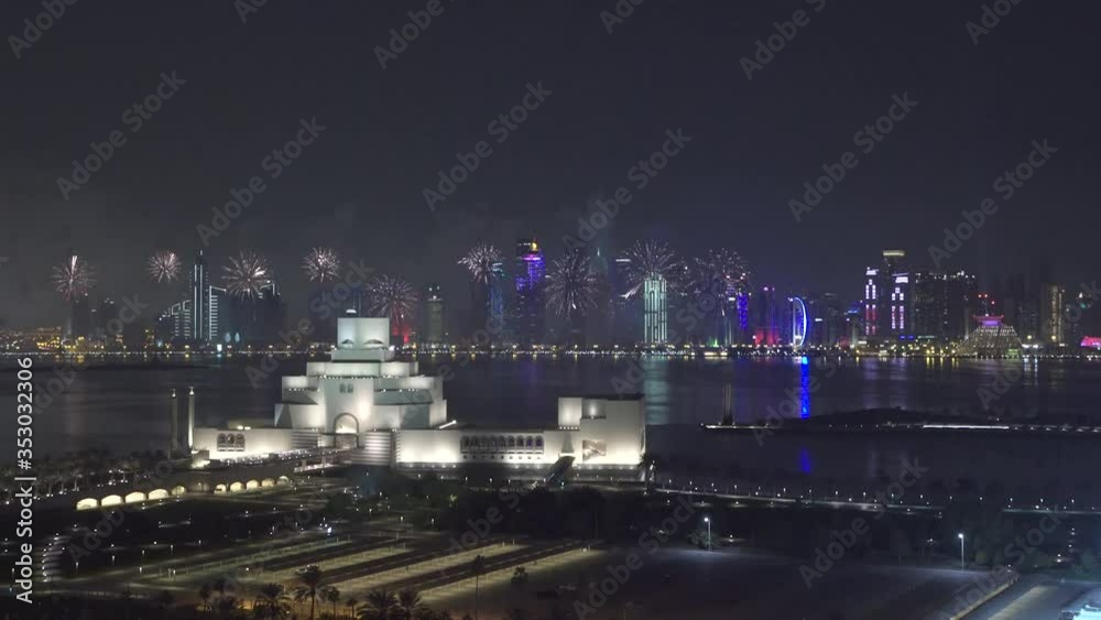 Qatar National Day Fireworks with Doha skyline view Qatar National Day Fireworks with Doha skyline view
