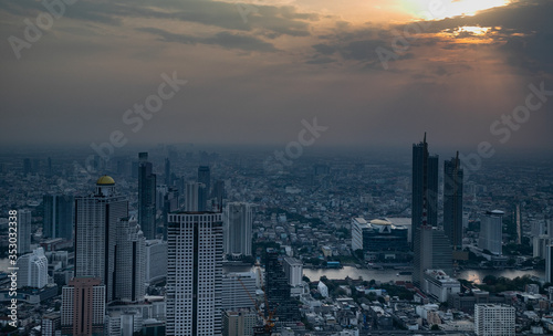  panoramic skyline of Bangkok at sunset from King Power Mahanakhon  Bangkok  Thailand
