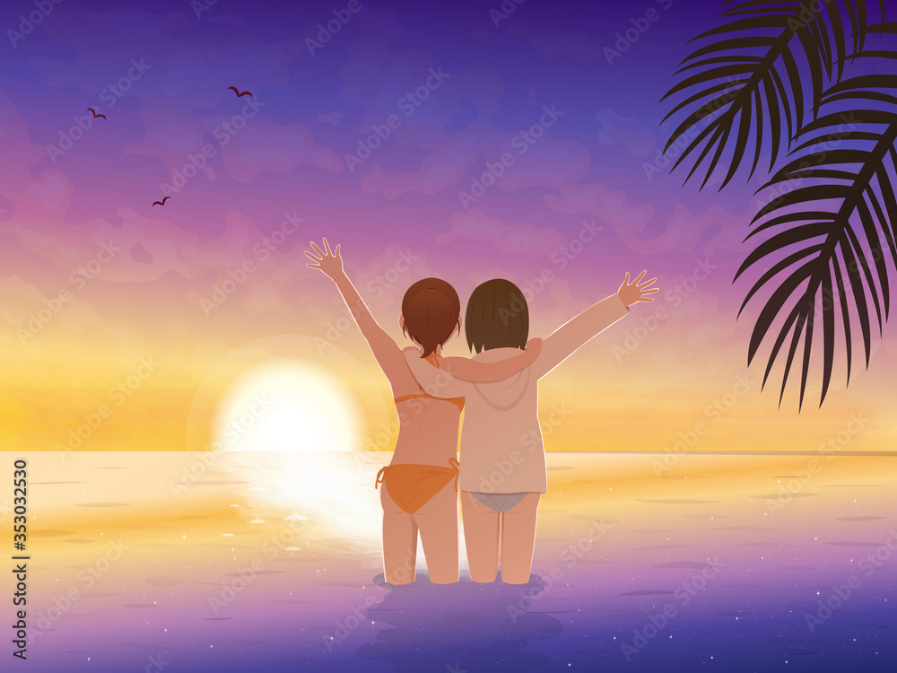 美しいサンセット 海と女性の風景イラスト Stock Vector Adobe Stock