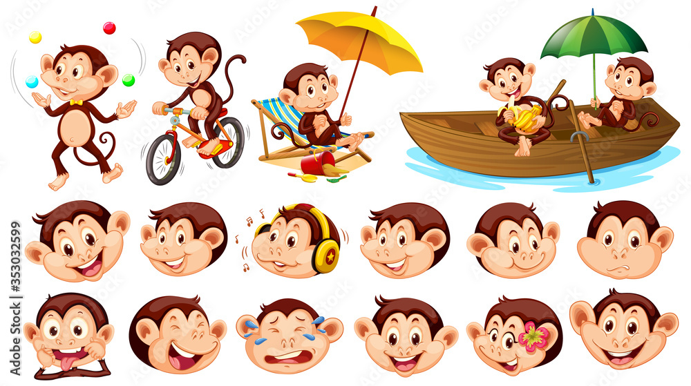 Αυτοκόλλητο Set of monkeys with different facial expressions on white background