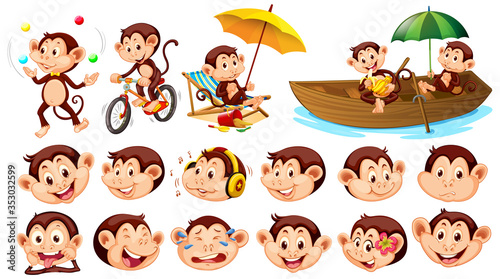 Set of monkeys with different facial expressions on white background