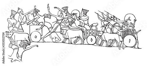 Scene of a battle between Sardis and Egyptians on one side, Pelasgians and Teucrians on the other, vintage illustration.