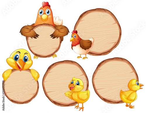 Blank sign template with many chickens on white background