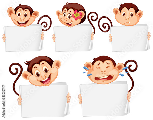 Blank sign template with happy monkeys on white background