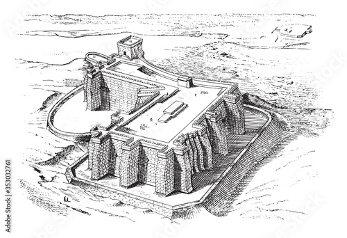 The fortifications of the Nile near Semneh, vintage illustration.