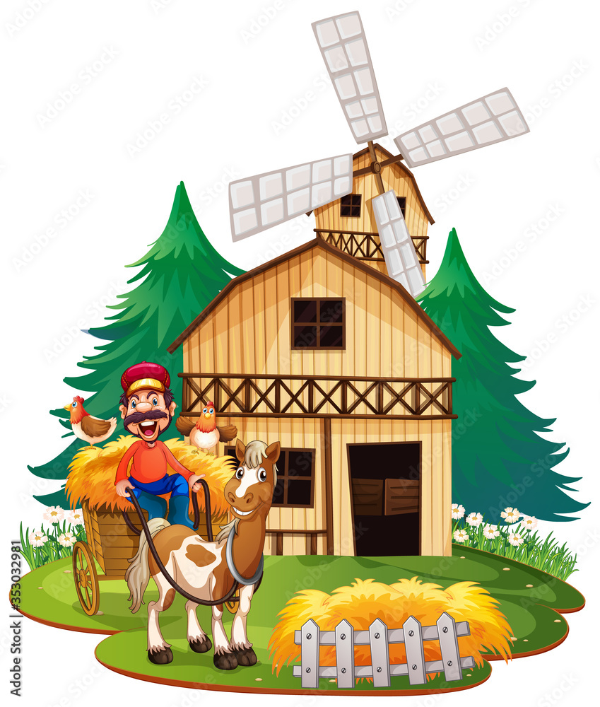 Farmer riding cart with horse Farmer riding cart with horse