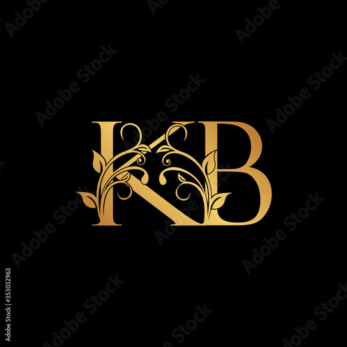 Golden floral letter K and B, KB logo Icon, Luxury alphabet font initial vector design isolated on black background.