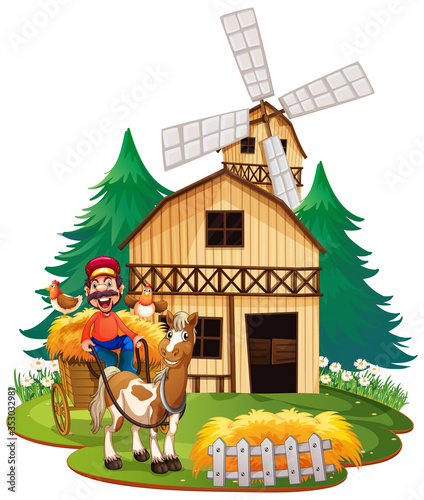 Farmer riding cart with horse