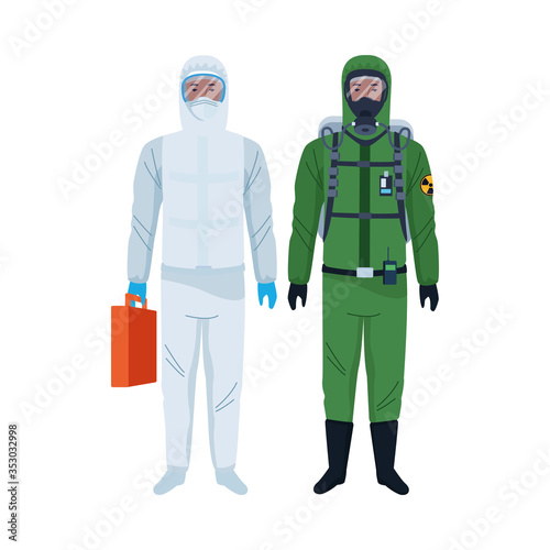 workers wearing biosafety suits characters