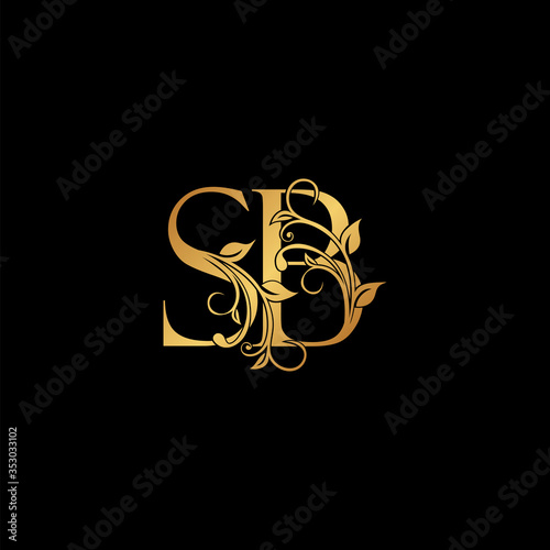 Golden floral letter S and B, SB logo Icon, Luxury alphabet font initial vector design isolated on black background.