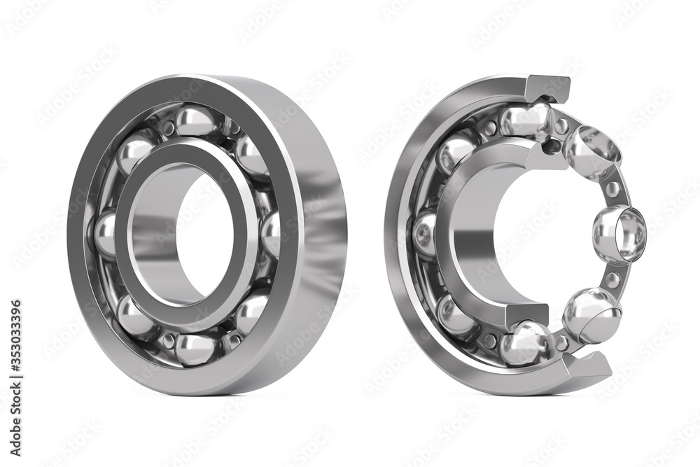 Set of Shiny Chrome Steel Ball Bearings with One Cut Outed Where Visible the Inner Parts. 3d Rendering Set of Shiny Chrome Steel Ball Bearings with One Cut Outed Where Visible the Inner Parts. 3d Rendering