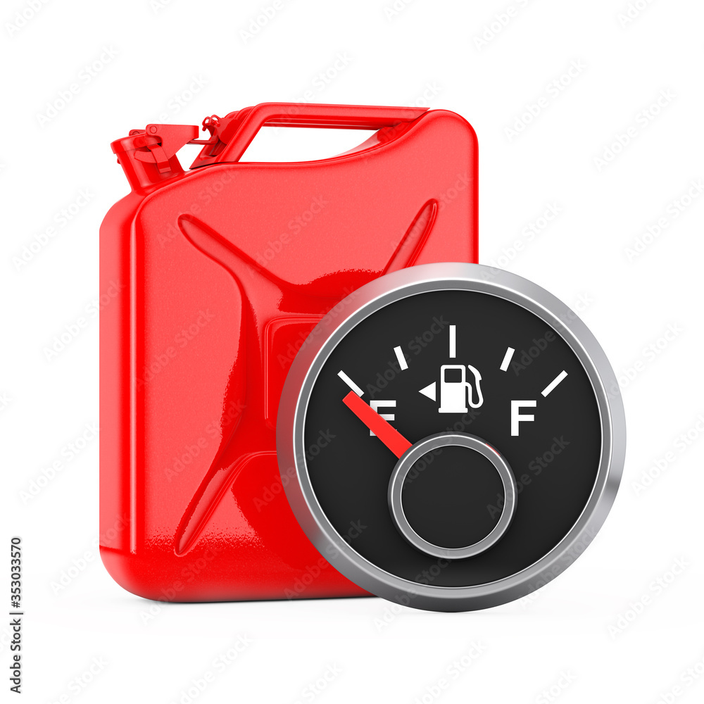 Φωτογραφία Fuel Dashboard Gauge Showing a Empty Tank in front of Red Metal Jerrycan