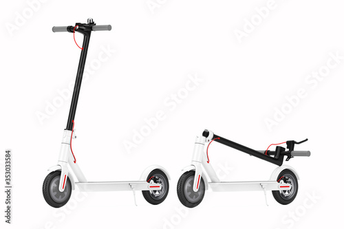 Folded White Modern Eco Electric Kick Scooter. 3d Rendering