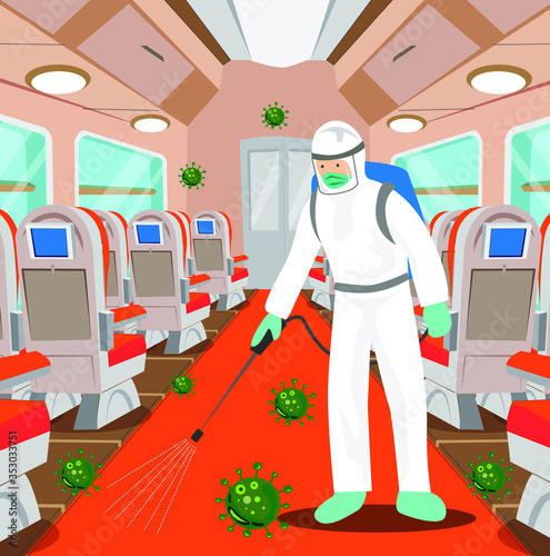 Vector illustration of a coronary injection (Covid-19) personnel sterilizing spray inside the plane.