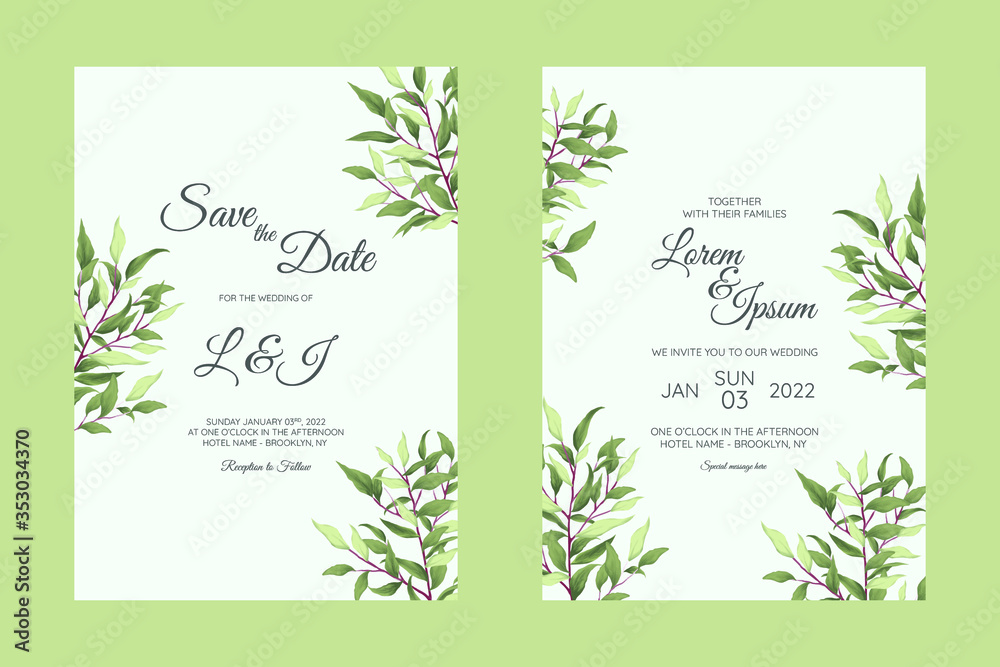 Beautiful greenery floral wedding invitation card template set 