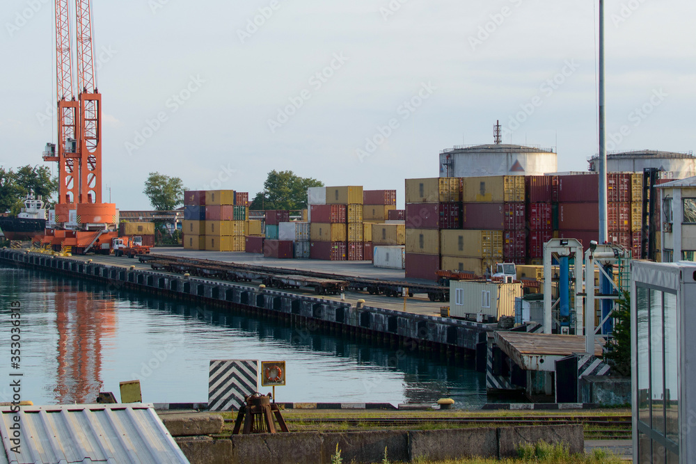 Seaport terminal container cargo freight shipping. Water transport international harbor. Import and export container stock. Freight ship transportation oversea worldwide.