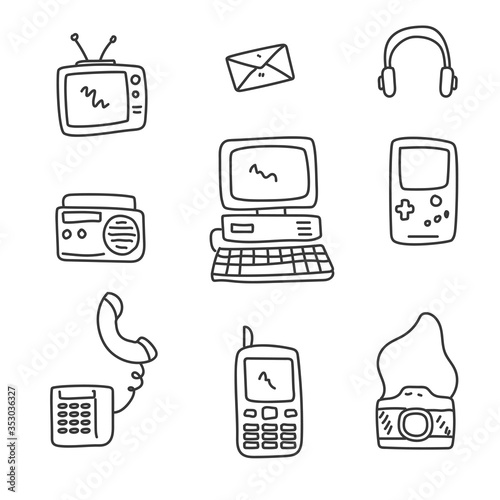 Set of old technology doodle vector illustration in black color isolated on white background 